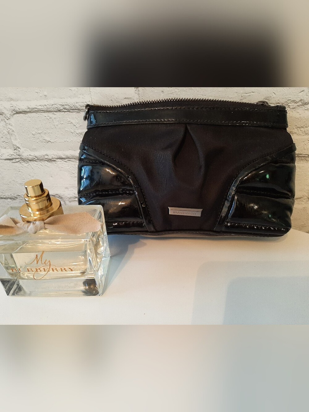 Burberry Black Patent Leather Clutch with Silver Logo Plaque